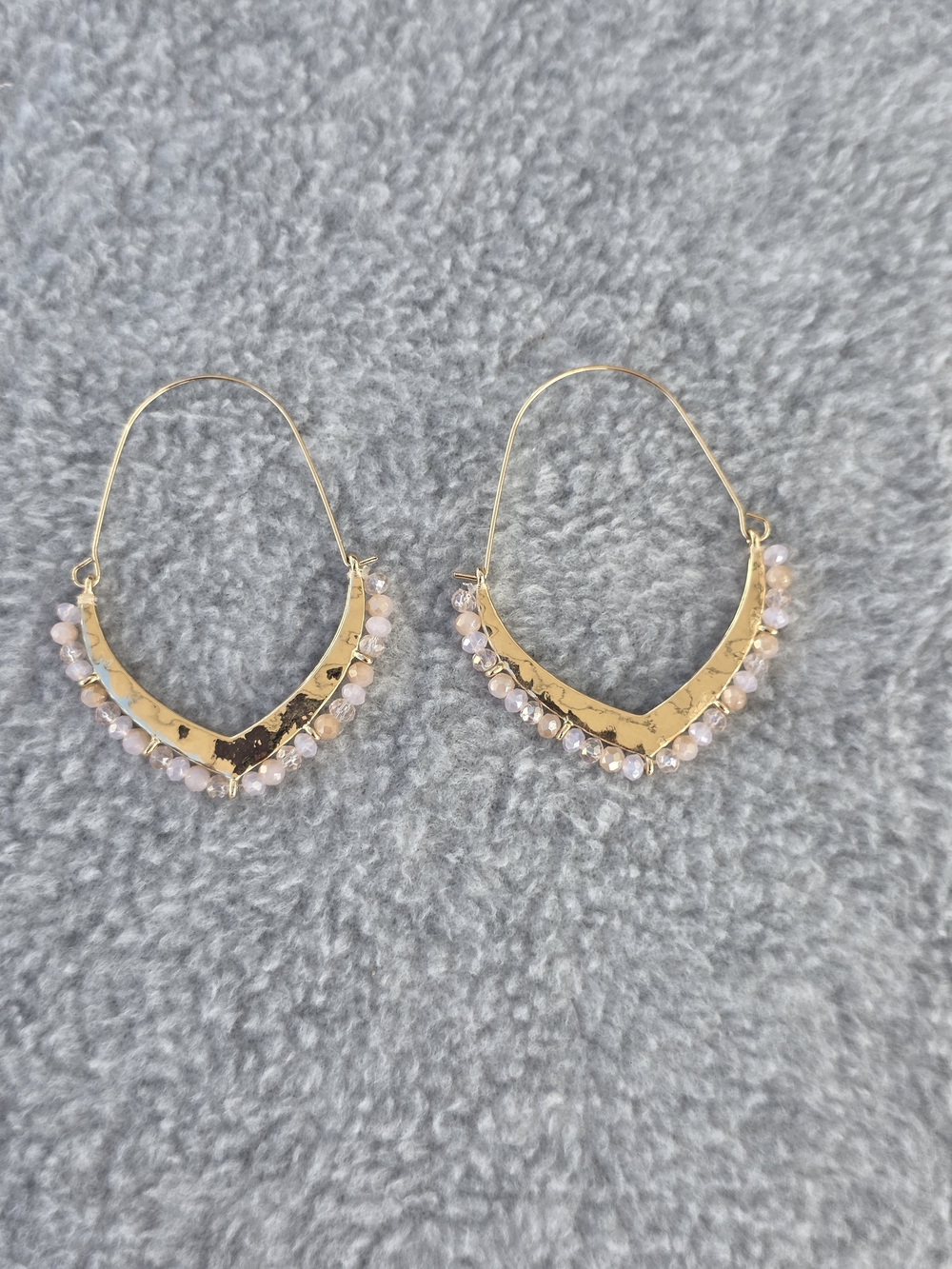 Gold V-Shaped Hoop Earrings with Pink Bead Accents